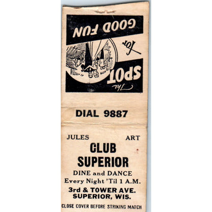 Club Superior Jules & Art Superior WI Vintage Matchbook Cover SD2-Y15