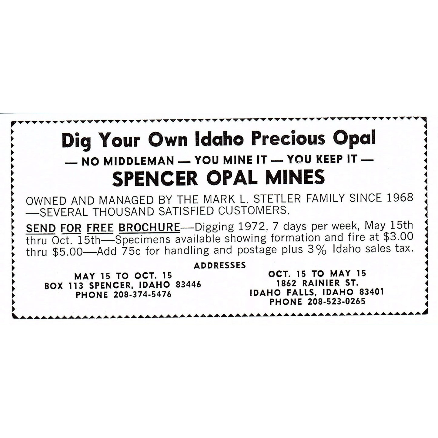 Spencer Opal Mines Idaho Falls Idaho 1972 Ad AF8-M4