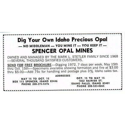 Spencer Opal Mines Idaho Falls Idaho 1972 Ad AF8-M4