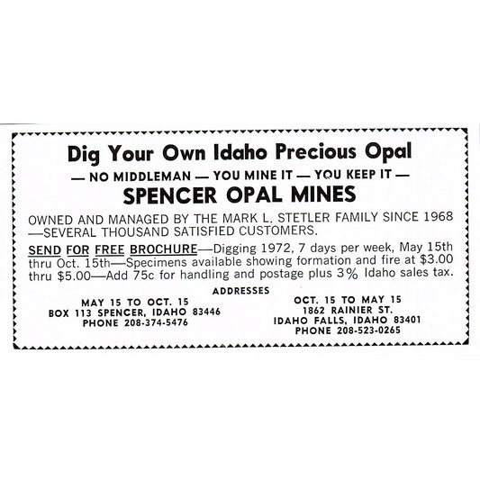 Spencer Opal Mines Idaho Falls Idaho 1972 Ad AF8-M4