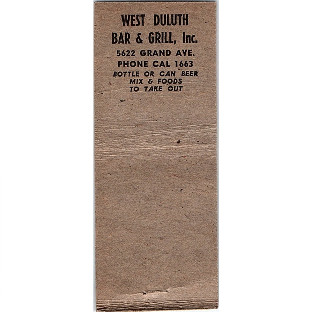 West Duluth Bar & Grill Teve Pekkala Duluth MN Vintage Matchbook Cover SC7-Y1