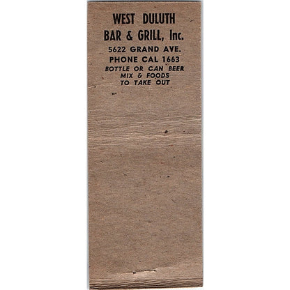 West Duluth Bar & Grill Teve Pekkala Duluth MN Vintage Matchbook Cover SC7-Y1