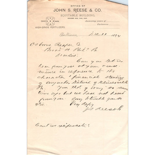 1894 John S. Reese & Co Fertilizer Baltimore Letterhead Billhead Receipt D11