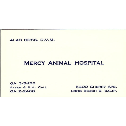 Alan Ross DVM Mercy Animal Hospital Long Beach CA Vintage Business Card SE5-B1