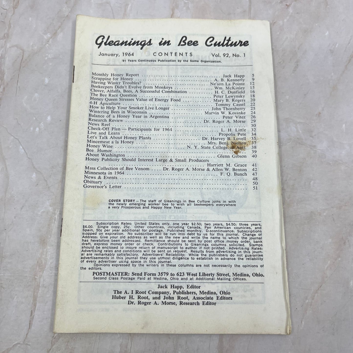 1964 Jan COVERLESS Gleanings in Bee Culture Magazine Bees Beekeeping Honey TD7
