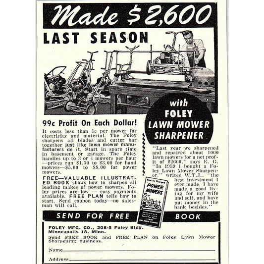 Foley Lawnmower Sharpener - Foley Mfg Co Minneapolis MN 1955 Ad AF9-M1