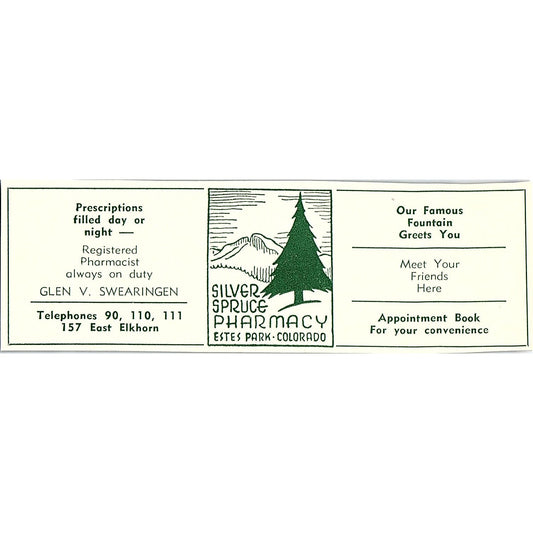 Silver Spruce Pharmacy Glen V Swearingen 1957 Estes Park CO Ad AG4-M1