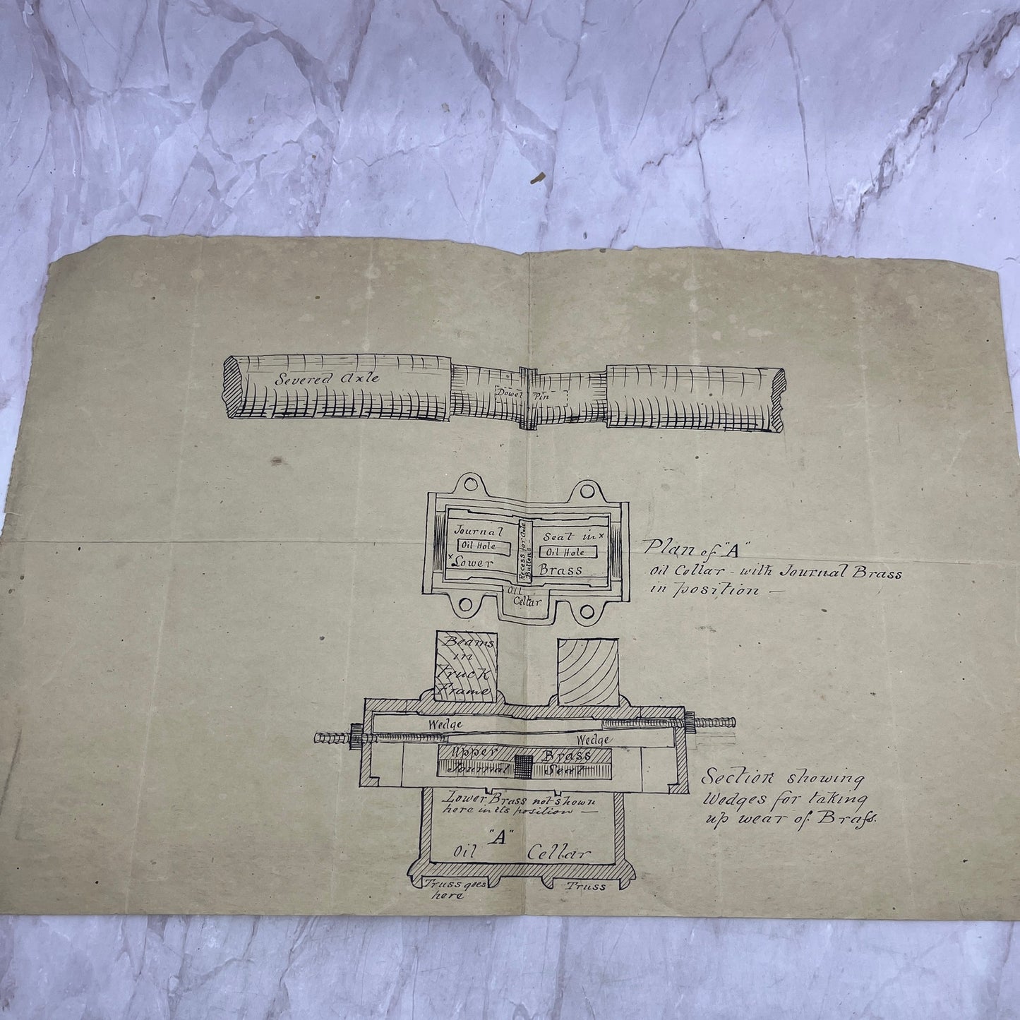 1860-70s Original Hand Drawn Mechanical Blueprint Schematic Diagram FL6-11