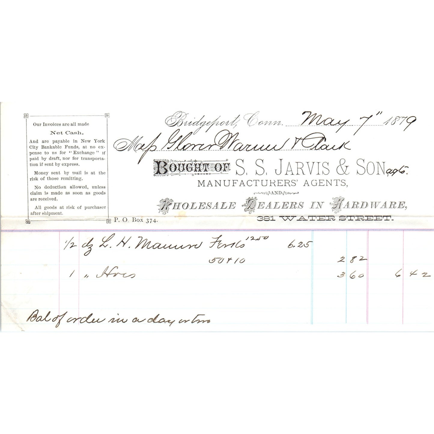 1879 S.S. Jarvis & Son Hardware Bridgeport CT Receipt Letterhead D24