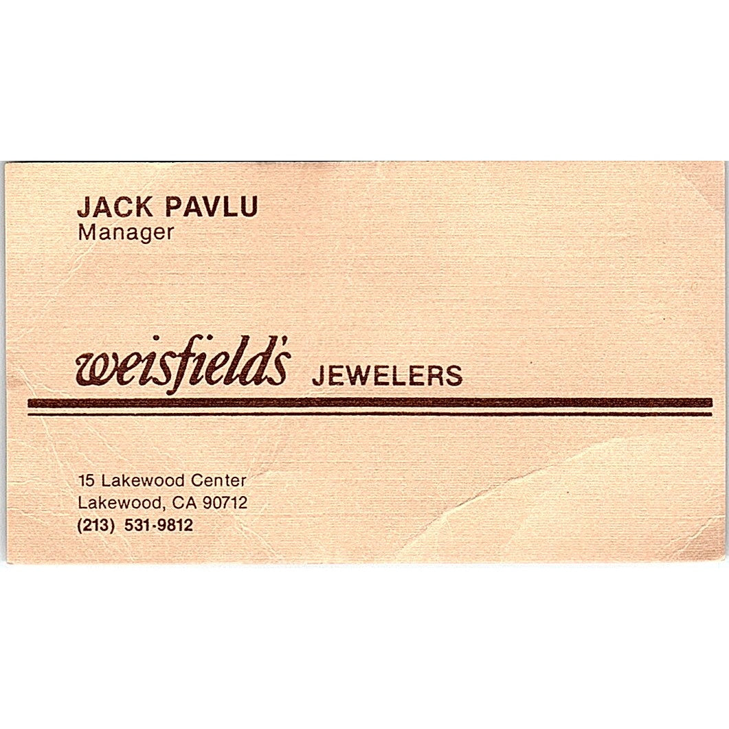 Weisfield's Jewellers, Jack Pavlu, Lakewood, CA Vintage Business Card SF3-B9