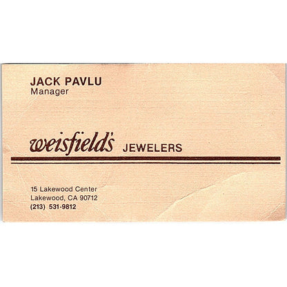 Weisfield's Jewellers, Jack Pavlu, Lakewood, CA Vintage Business Card SF3-B9