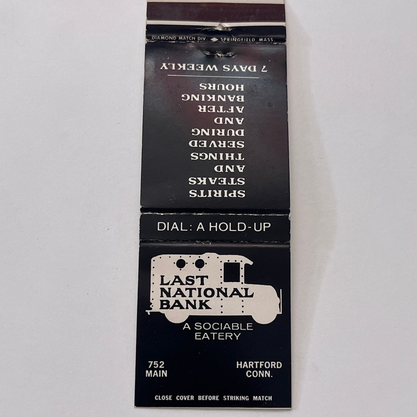 Last National Bank - A Sociable Eatery Hartford CT Vintage Matchbook TB8-MB-13