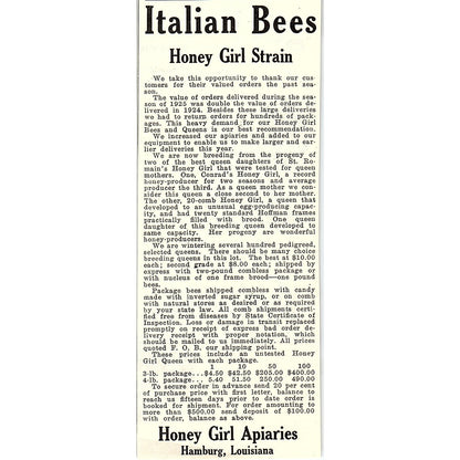 Honey Girl Apiaries Honey Girl Strain Bees Hamburg Louisiana 1926 Ad AG3-H2