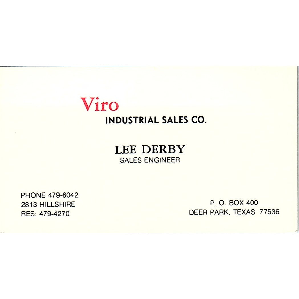 Viro Industrial Sales Lee Derby Deep Park TX Vintage Business Card SB4-B8