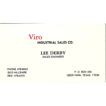 Viro Industrial Sales Lee Derby Deep Park TX Vintage Business Card SB4-B8