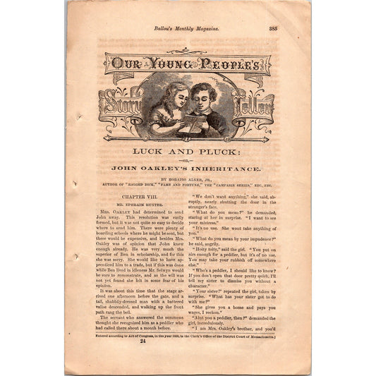 Luck and Pluck John Oakley's Inheritance 4 Pages Original 1869 Short Story I3