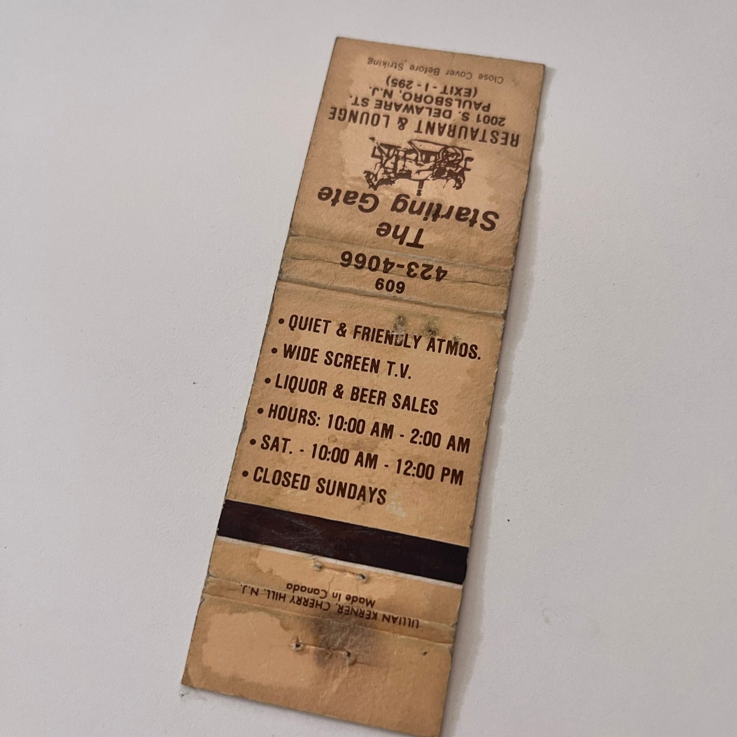 The Starting Gate Restaurant Paulsboro NJ Vintage Matchbook Cover TB6-MB2-1