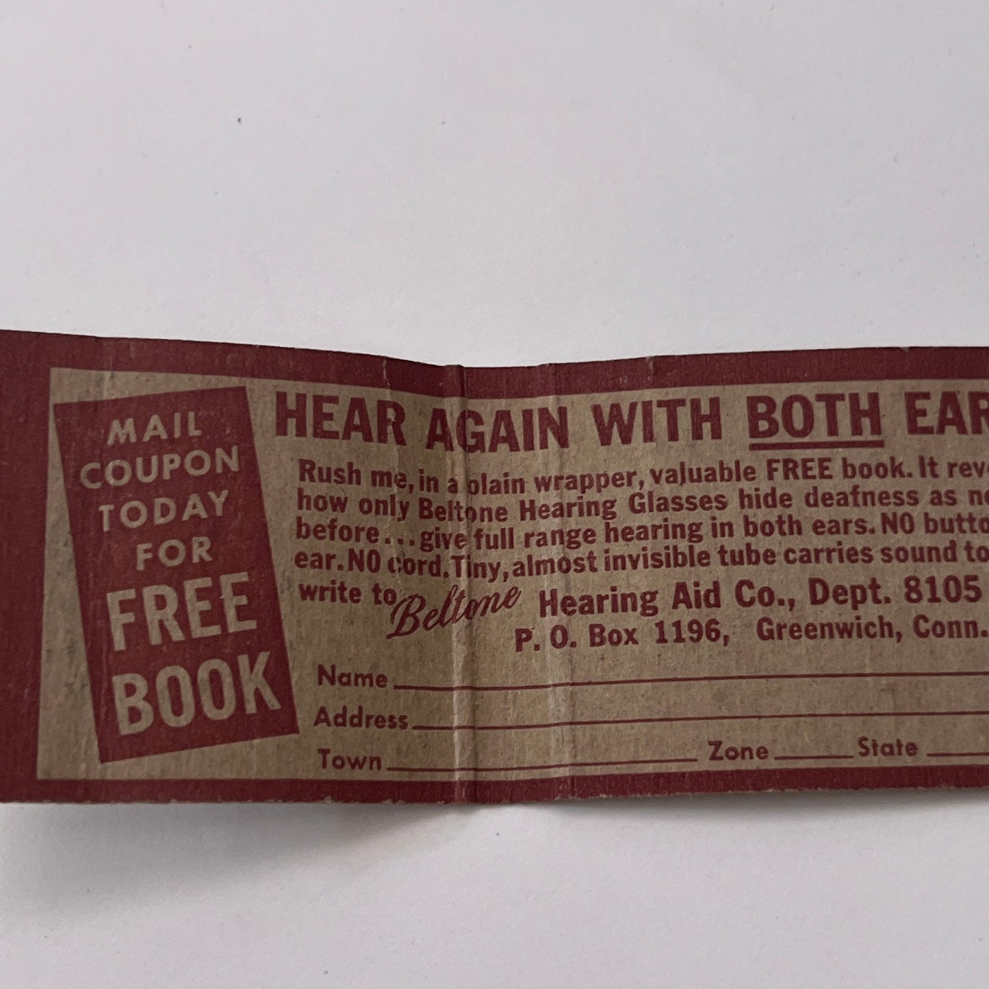 Beltonne Slimette Hearing Glasses Vintage Matchbook Cover TB8-MB-11