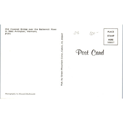 Covered Bridge Battenkill River West Arlington VT Vtg Covered Bridge Postcard PD6