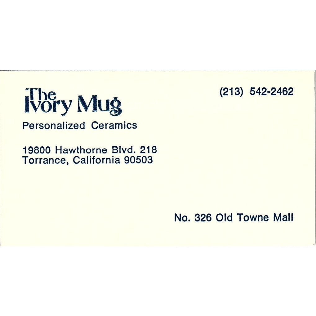 The Ivory Mug Ceramics Torrance CA Vintage Business Card SD9-B5