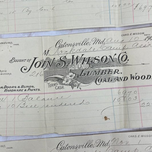 1909 John S. Wilson Co. Lumber Coal Catonsville MD Letterhead Billhead Lot AE5