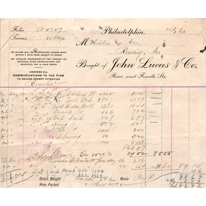 1901 John Lucas & Co Philadelphia Turpentine Original Billhead Letterhead D10