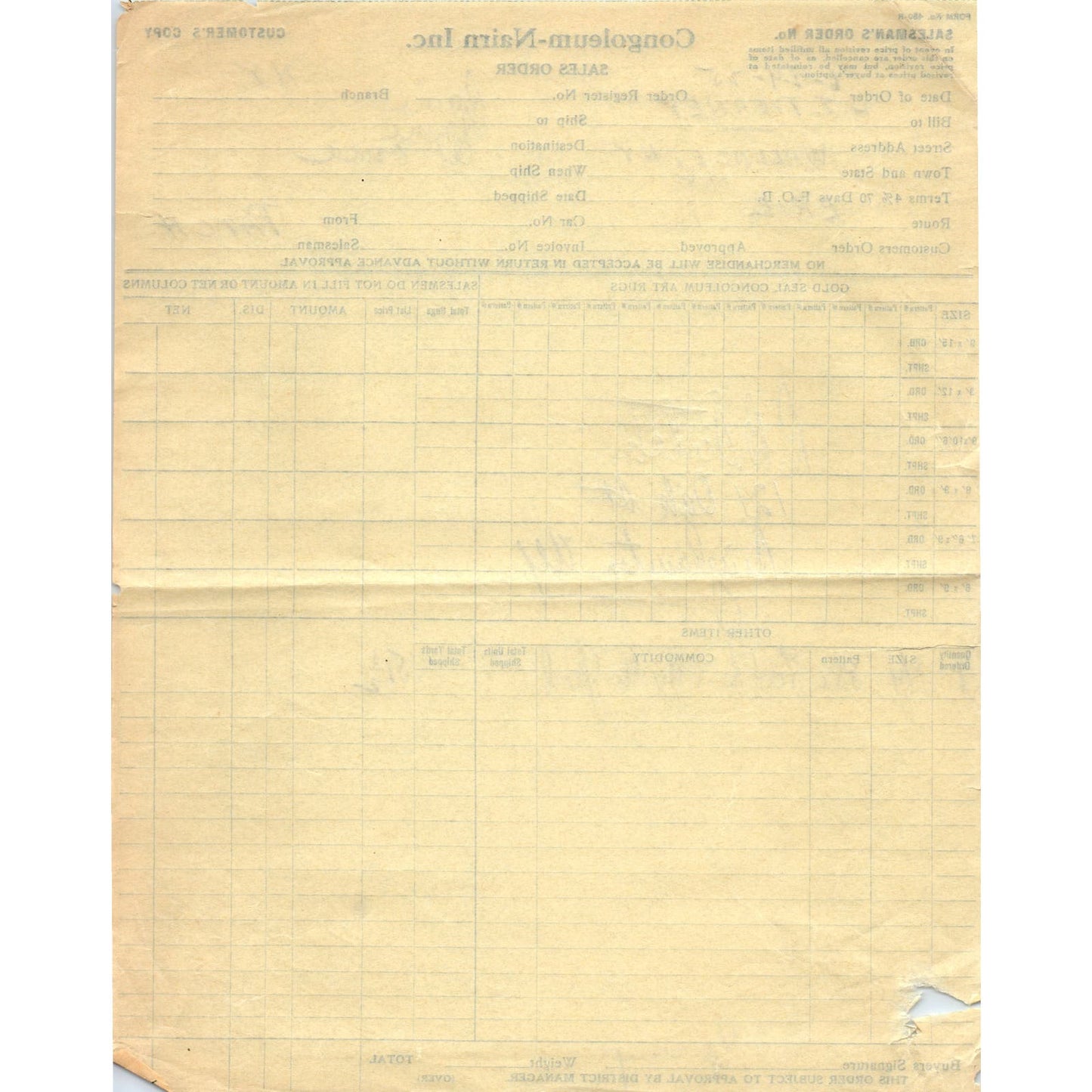 1925 Congoleum-Nairn Inc Sales Order Billhead Letterhead D17