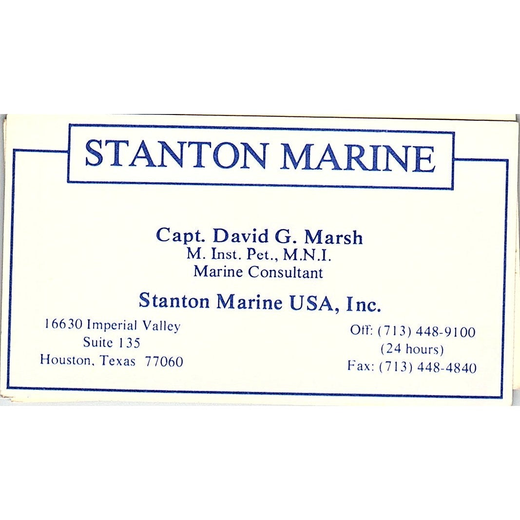 Capt David G Marsh Stanton Marine Houston Vintage Business Card SC9-B2