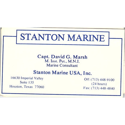 Capt David G Marsh Stanton Marine Houston Vintage Business Card SC9-B2