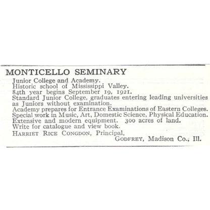 Monticello Seminary Harriet Rice Congdon Godfrey IL c1918 Advertisement AE5-SV3