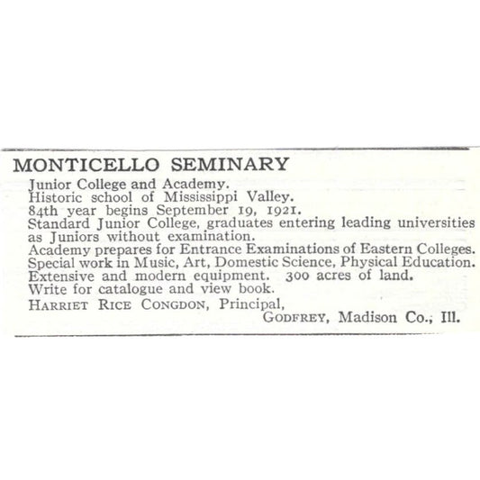 Monticello Seminary Harriet Rice Congdon Godfrey IL c1918 Advertisement AE5-SV3