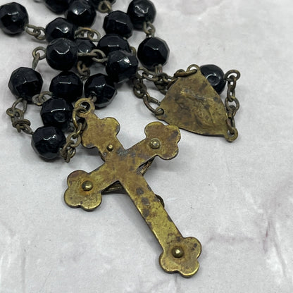 Vintage Black Glass Catholic Rosary Scapular Italy Marian Prayer Beads SE2-1