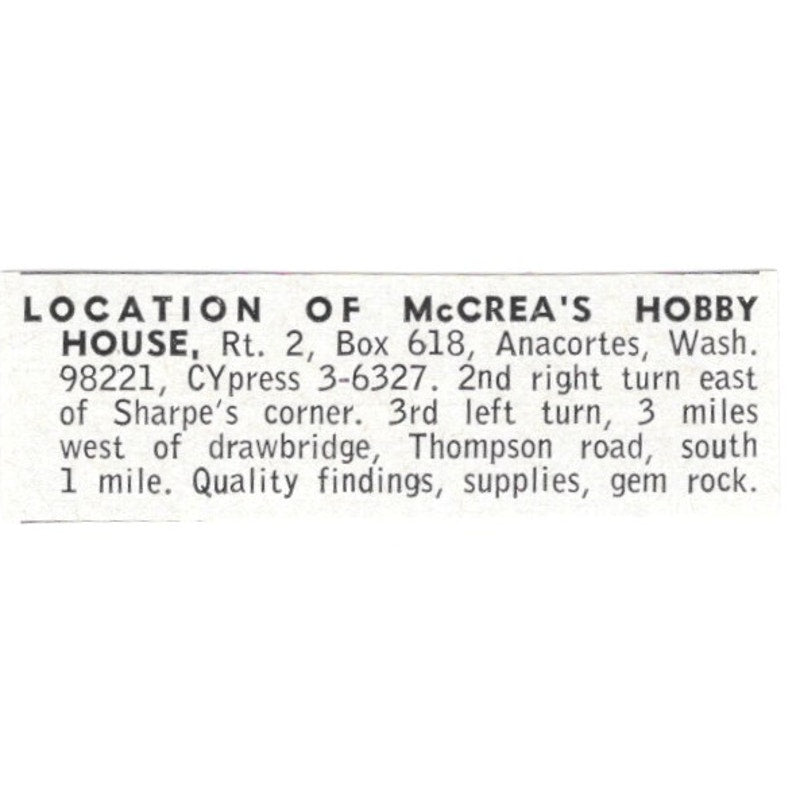 McCrea's Hobby House Lapidary Supply Anacortes WA 1964 Magazine Ad AB6-LJS7