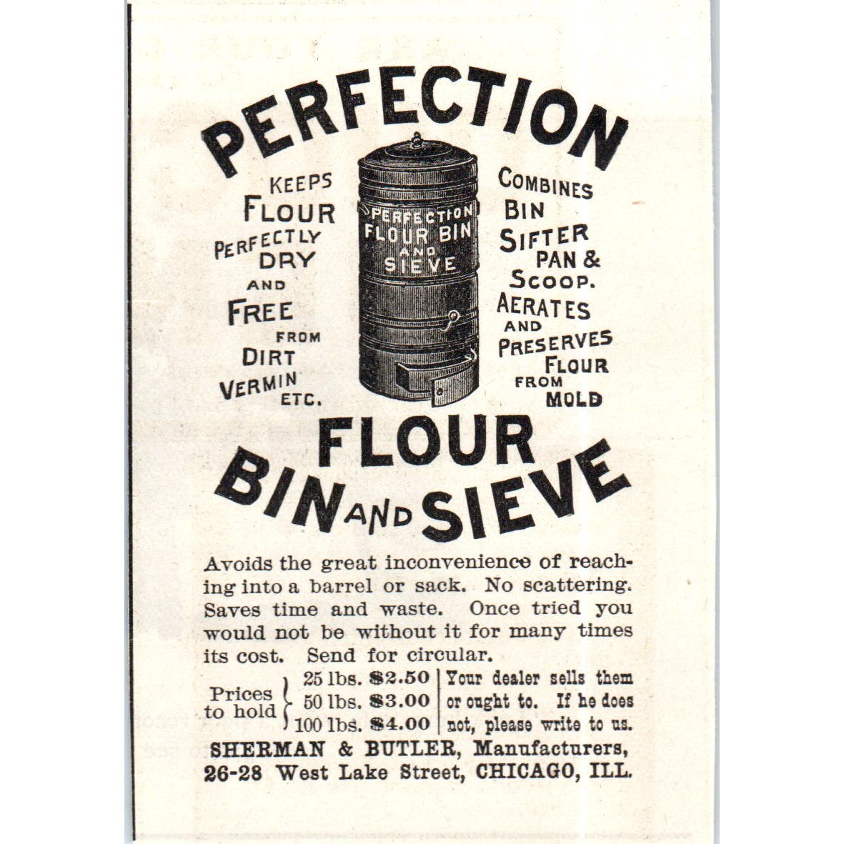 Perfection Sherman & Butler Flour Bin and Sieve c1890 Victorian Ad AE8-CH7
