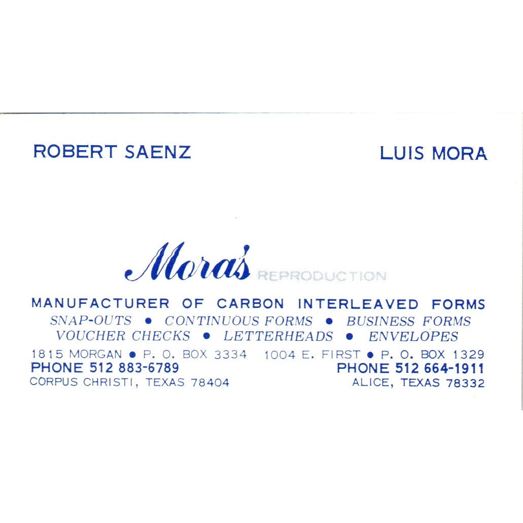 Robert Saenz Luis Mora's Reproduction Corpus Christi Vtg Business Card SE3-B5