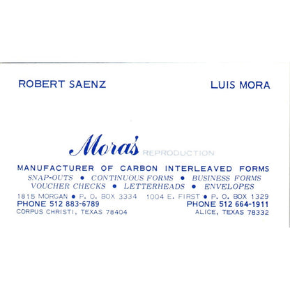 Robert Saenz Luis Mora's Reproduction Corpus Christi Vtg Business Card SE3-B5