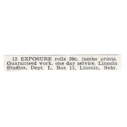 12 Exposure Rolls - Lincoln Studios, Lincoln NE 1955 Ad AG1-S9