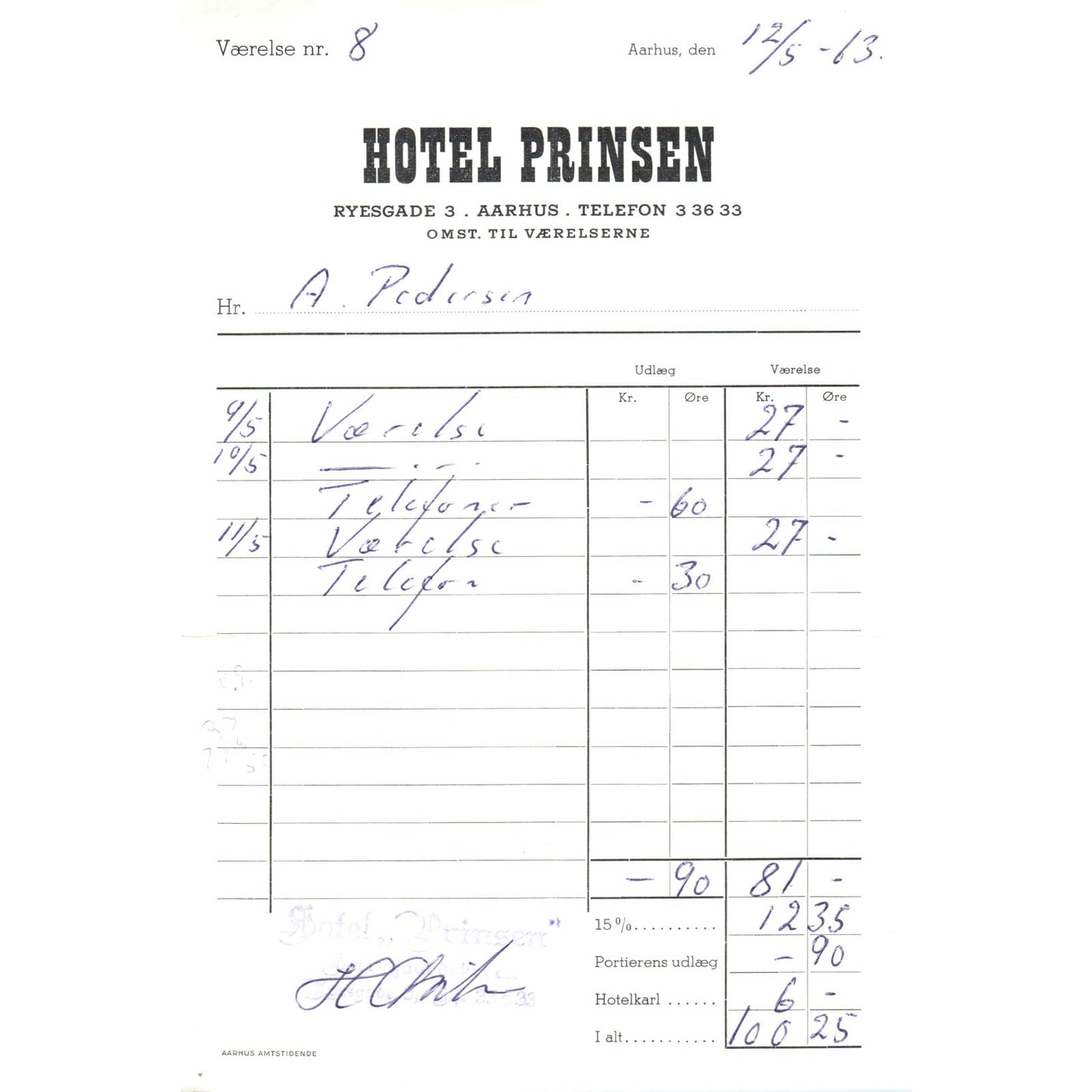 1960s Hotel Prinsen Travel Receipt ÅRHUS AF7-E10