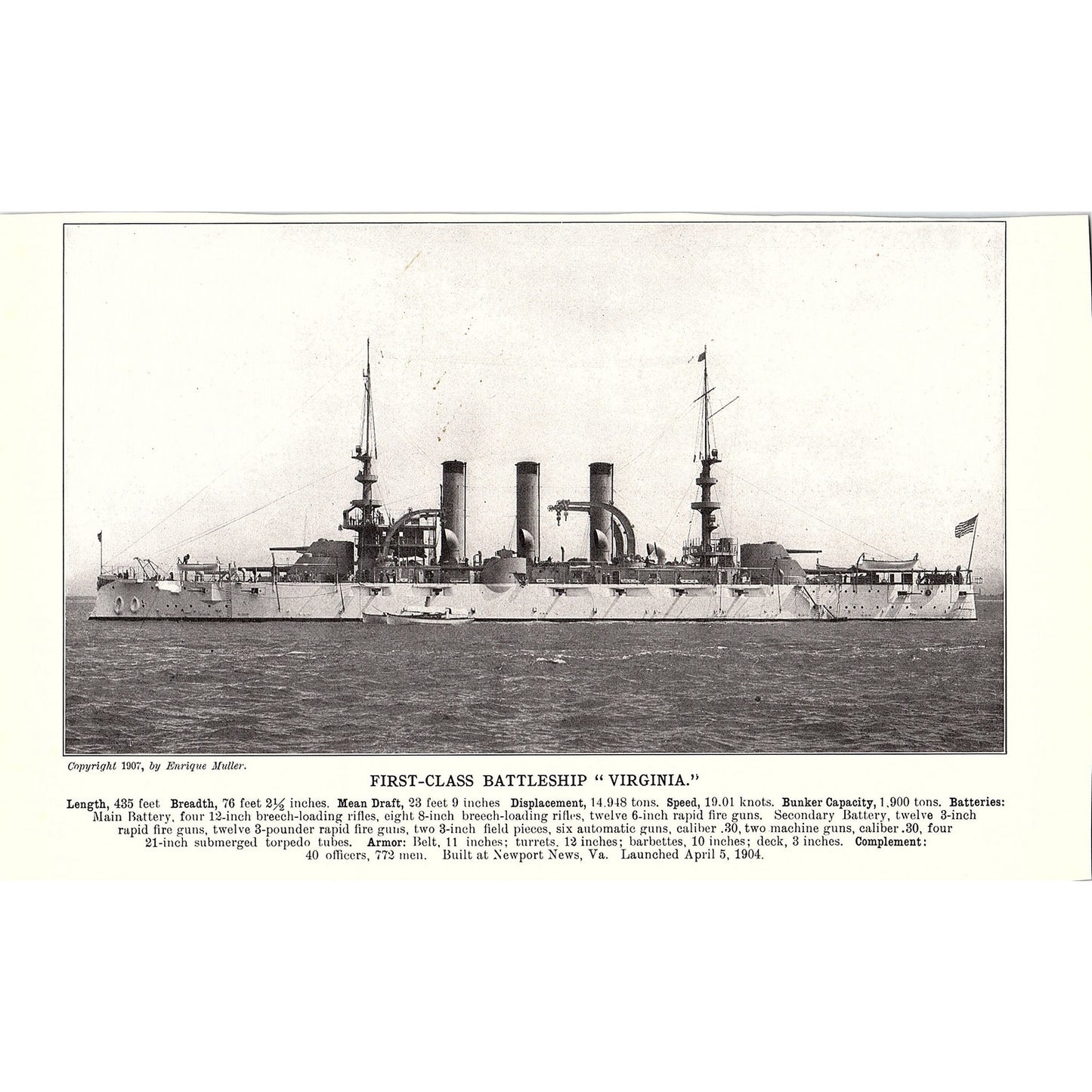 First Class Battleship Virginia & Missouri Double Sided 1910 Print AF6-20