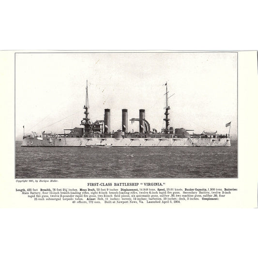 First Class Battleship Virginia & Missouri Double Sided 1910 Print AF6-20