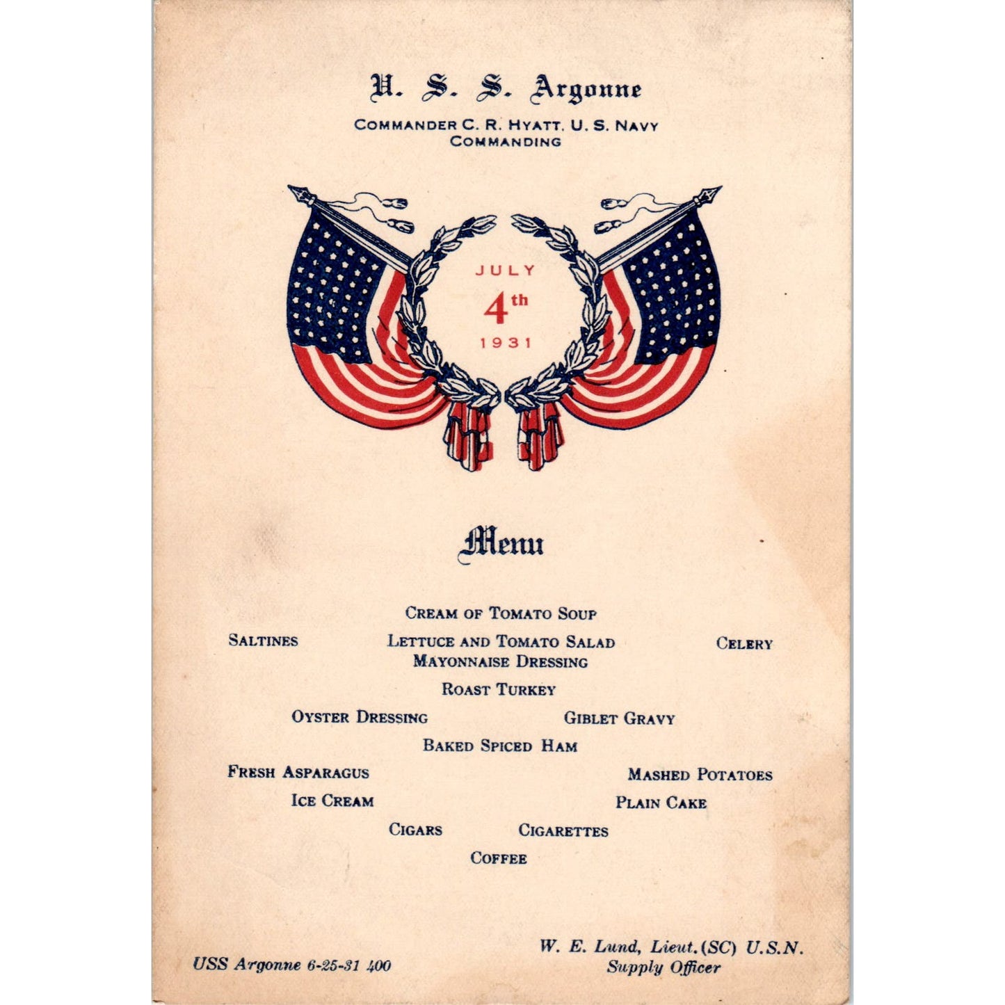 1931 USS Argonne 4th Of July Dinner Menu C.R. Hyatt AD7