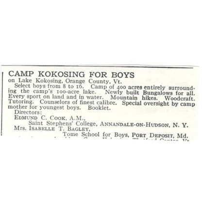 Camp Kokosing for Boys Edmund C. Cook Annandale-on-Hudson NY c1918 Ad AE5-SA11