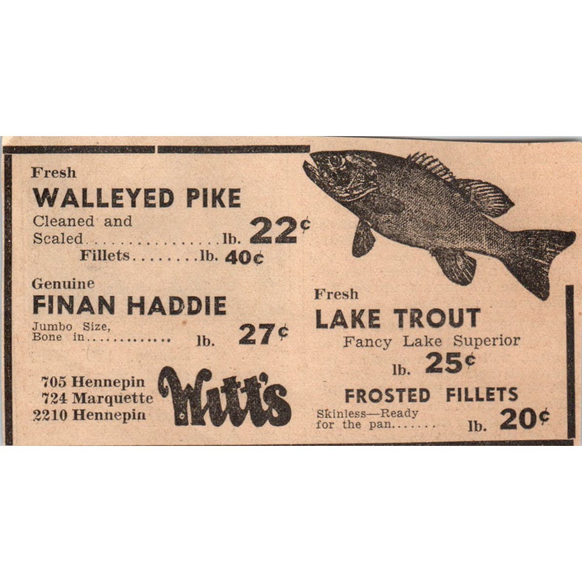 Witt's Fish Market Walleyed Pike 1935 Minneapolis Journal Advertisement AE7-H2
