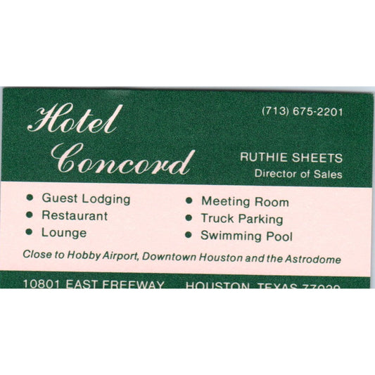 Hotel Concord Ruthie Sheets Houston TX Vintage Business Card SE3-B1
