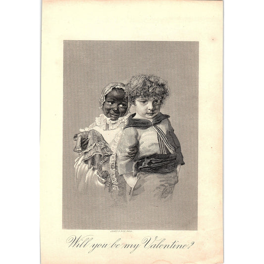 Will You Be My Valentine - Interracial Children 1884 Engraving TA5-CJ-1