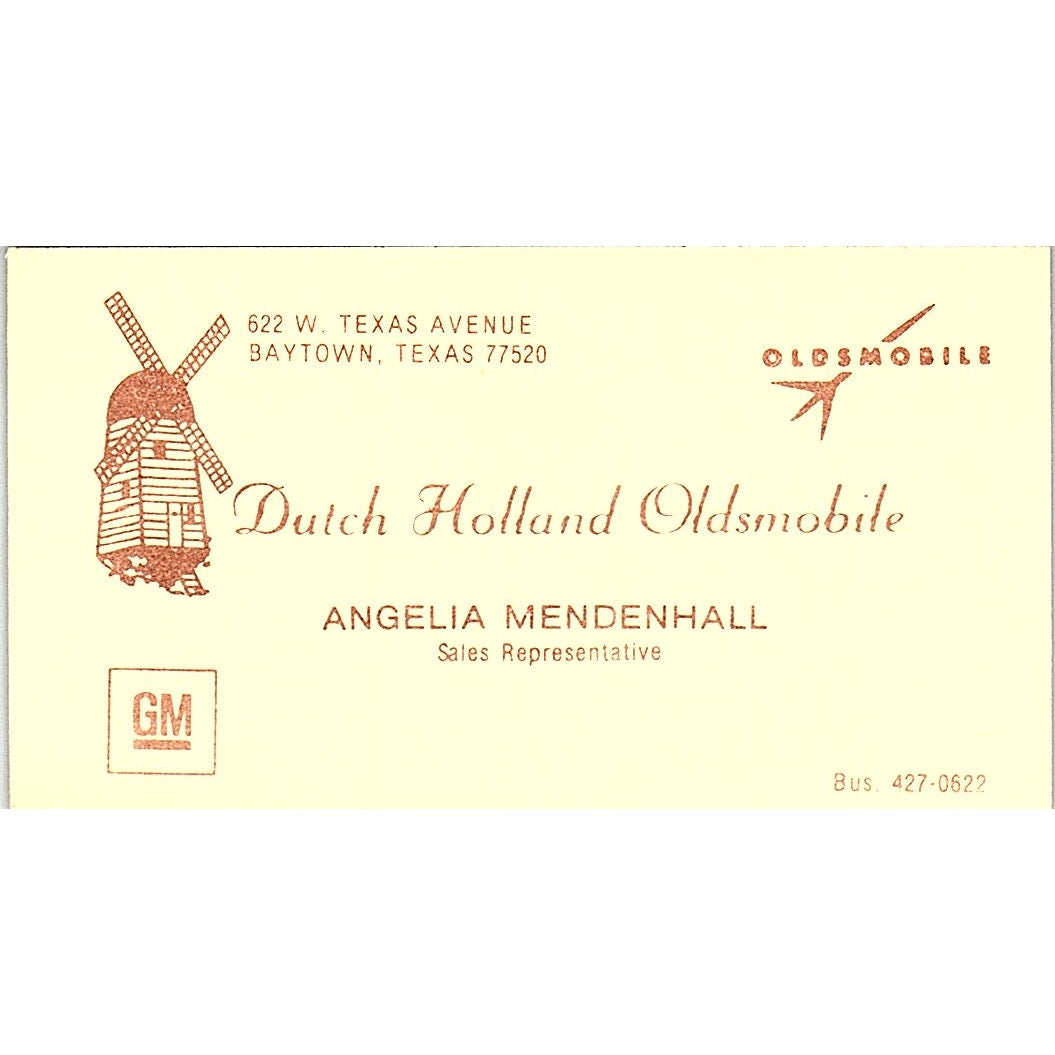 Dutch Holland Oldsmobile Angelia Mendenhall Baytown TX Vtg Business Card SD9-B12
