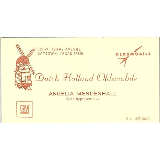 Dutch Holland Oldsmobile Angelia Mendenhall Baytown TX Vtg Business Card SD9-B12
