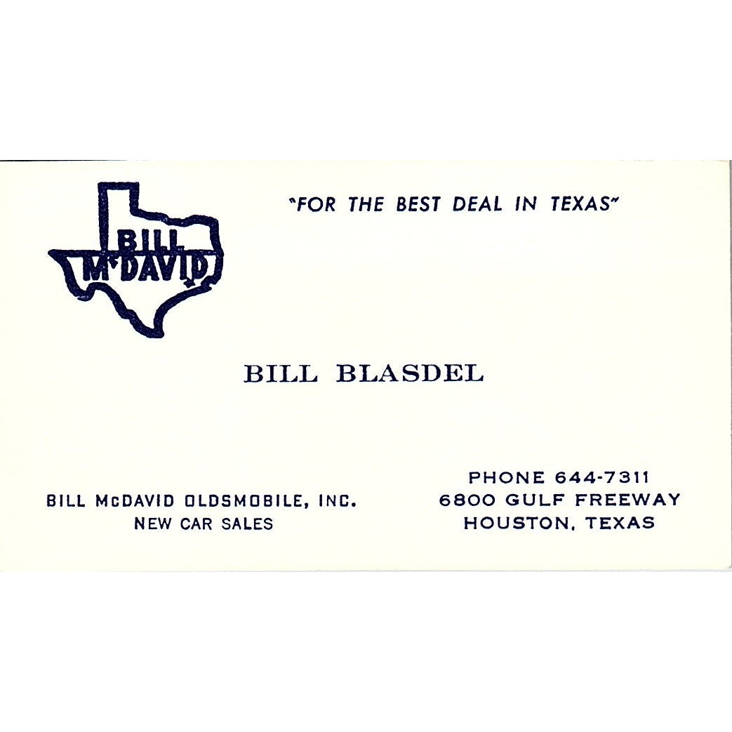 Bill Blasdel Bill McDavid Oldsmobile Houston Vintage Business Card SD9-B6