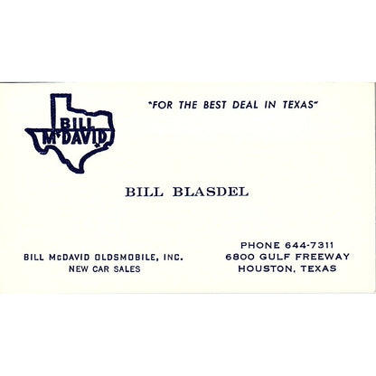 Bill Blasdel Bill McDavid Oldsmobile Houston Vintage Business Card SD9-B6