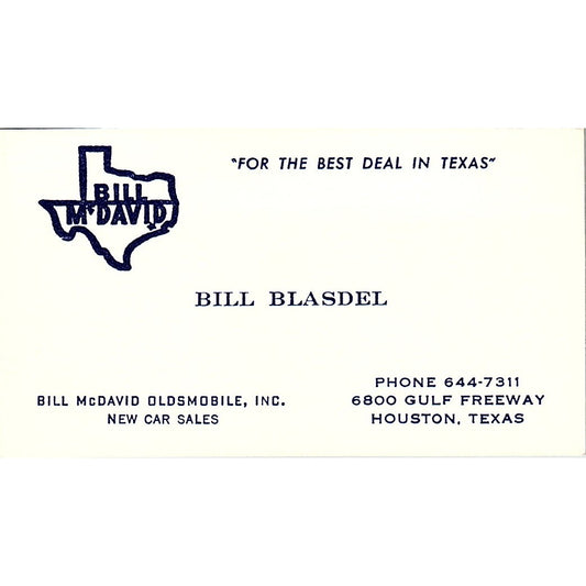 Bill Blasdel Bill McDavid Oldsmobile Houston Vintage Business Card SD9-B6